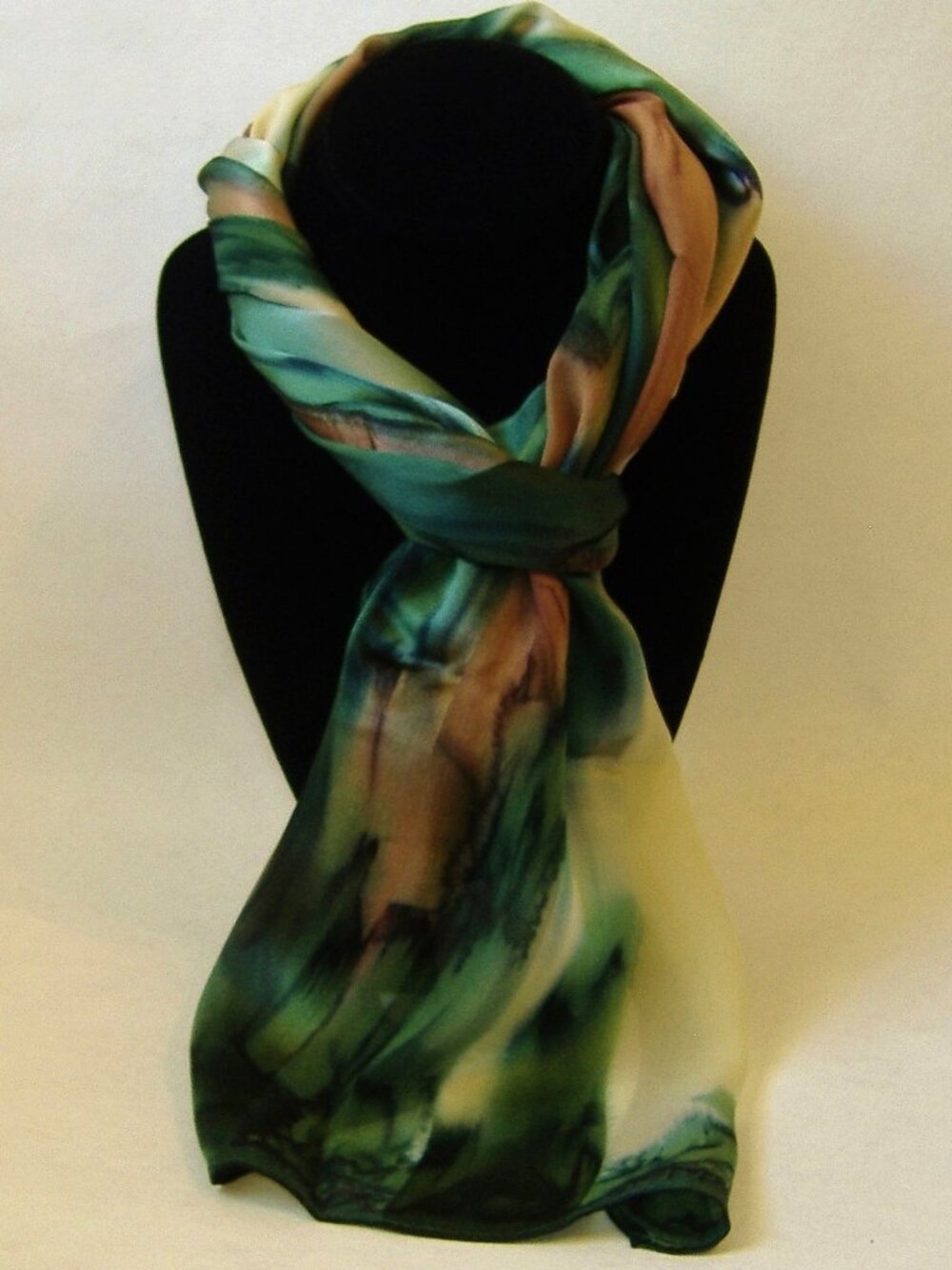Hand Painted Silk Scarf Green Cream Amber Brown Rectangle Abstract Unique New